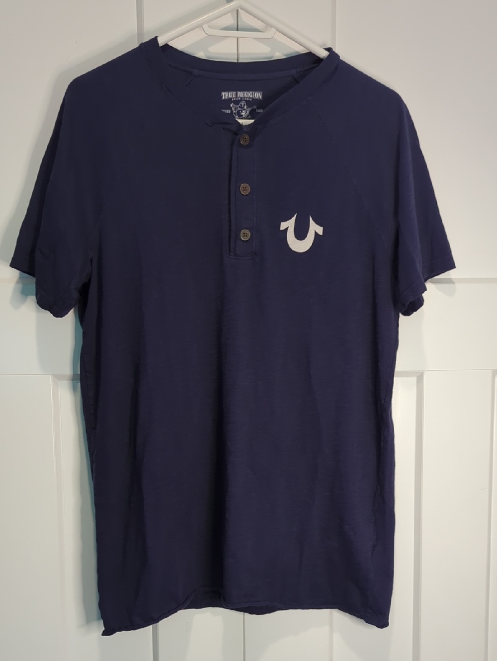 True Religion Men's Dark Blue Short Sleeve Henley with White Logo Size L